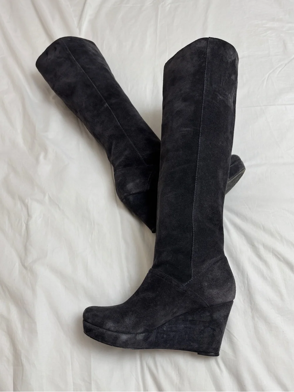 DVF Diane Von Furstenberg Grayish Blue Suede Wedge Knee High Boots Size 7.5 Plat